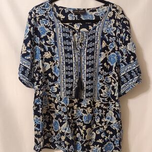 Lane Bryant Navy Floral Peasant Top with Light Blue Accents